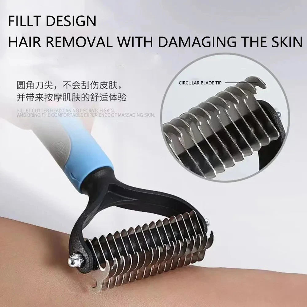 Professional Pet Deshedding Brush – Dog & Cat Hair Remover Comb with Knot Cutter for All Coat Types