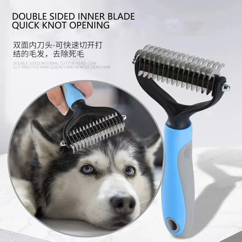 Professional Pet Deshedding Brush – Dog & Cat Hair Remover Comb with Knot Cutter for All Coat Types
