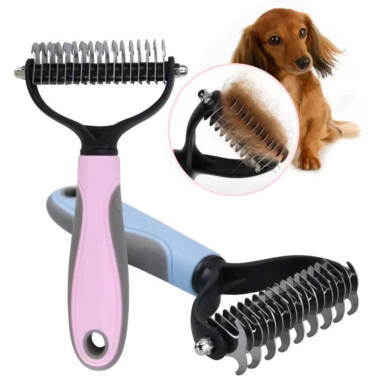 Professional Pet Deshedding Brush – Dog & Cat Hair Remover Comb with Knot Cutter for All Coat Types