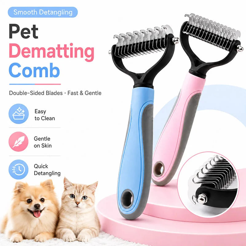 Professional Pet Deshedding Brush – Dog & Cat Hair Remover Comb with Knot Cutter for All Coat Types